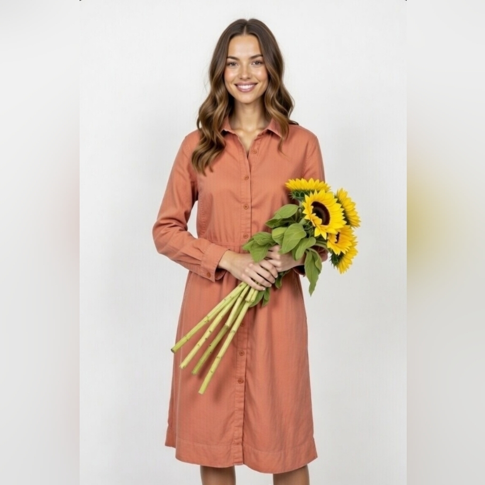 EILEEN FISHER BUTTON -UP SHIRT DRESS. LINEN BLEND. COLOR: CORAL .SZ X-SMALL.